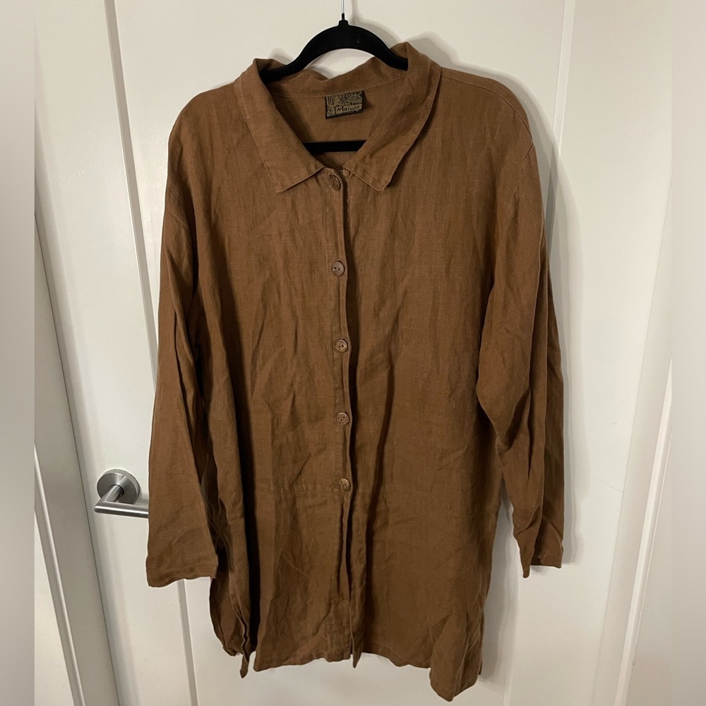 Maiwa Canadian 100% Linen Oversized Long Button Up Shirt Tunic Brown